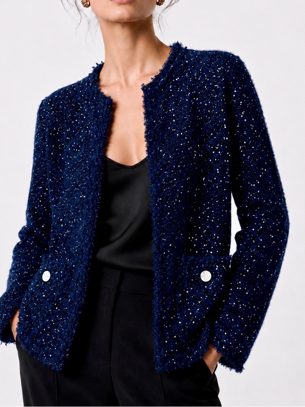 SIONI Navy Blue Sparkle Knit Cardigan Sweater Open-Front Jacket w Pockets